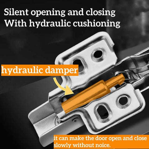 Slam Free 170 Degree Cabinet Hinges Two Pack showing hydraulic damper for soft close mechanism in steel hinge construction.