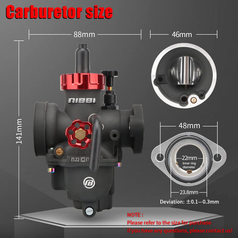 PE22 Carburetor With 48mm Air Filter Kit showing dimensions for 125cc 130cc 140cc dirt bikes pit bikes and more
