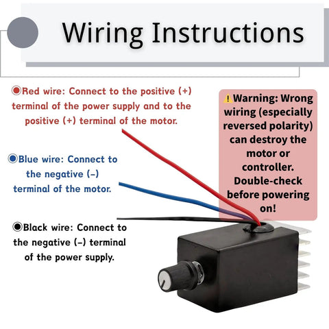Wiring instructions for 12V To 24V PWM DC Motor Speed Controller 10A With Heat Sink And Lever Wire Connectors.