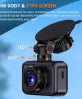 Front And Rear Dash Cam 2.5K Dual Car Camera With 2560x1440 Front And 1080P Rear Night Vision 2 Inch IPS Display shown with rotatable brackets