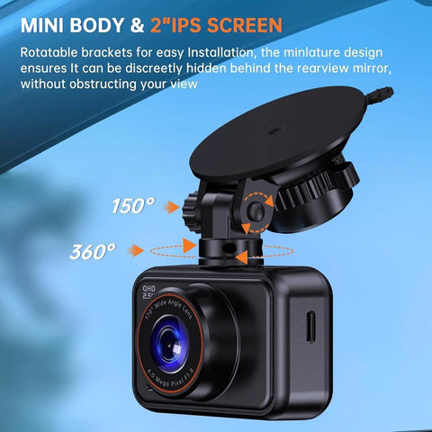 Front And Rear Dash Cam 2.5K Dual Car Camera With 2560x1440 Front And 1080P Rear Night Vision 2 Inch IPS Display shown with rotatable brackets