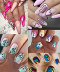 12 Color 3D Nail Art Pen Set For DIY Mani showcasing vibrant designs on nails with hearts, patterns, and colorful accents.