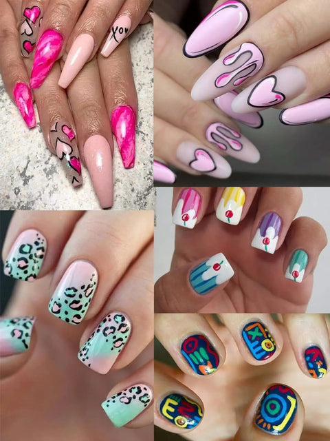 12 Color 3D Nail Art Pen Set For DIY Mani showcasing vibrant designs on nails with hearts, patterns, and colorful accents.