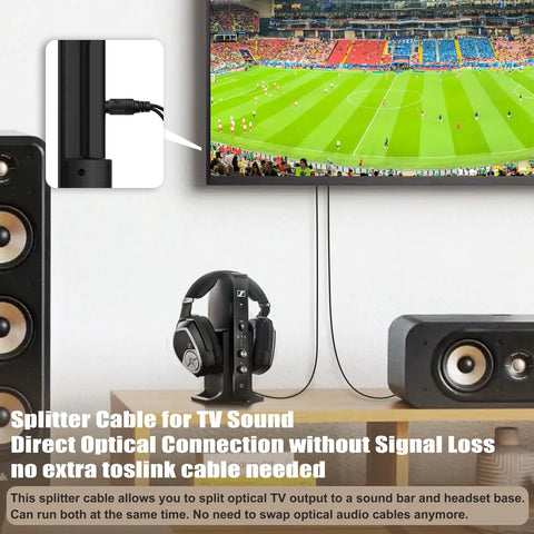 Toslink Optical Audio Splitter Cord One To Two Digital Fiber Optic Y Splitter For Living Room Soundbars Console Gaming Straight Hookup Zero Signal Loss Drop Some Sweet Tracks 6Ft Long connected to TV and speakers.