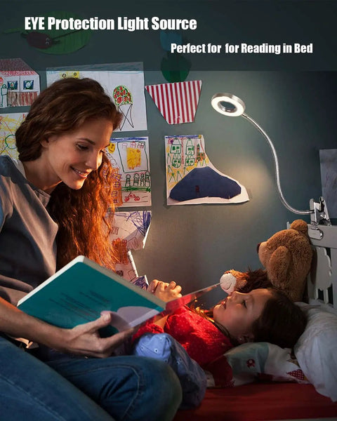 LED Clip On Reading Light With Dimmable Brightness, 3 Modes And 10 Levels illuminating a woman reading to a child in bed