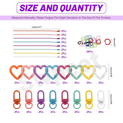 All In One 68 Piece DIY Jewelry Making Kit With Colorful Swivel Lobster Claw Clasps Heart Shaped Keychain Clips Ball Chains Open Jump Rings And Carabiner Clips In A Compact Storage Box For Easy Crafting. size chart with 120mm ball chains, 25mm heart clips and clasps