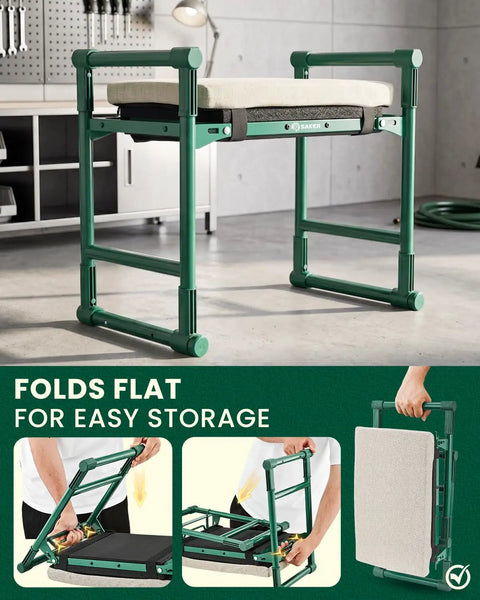 Beefy 500LB Capacity Garden Kneeler And Seat Two In One Garden Bench Foldable Stool with soft kneeling pad shown folded and unfolded.