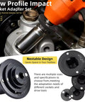 Kick Your Auto Repair Game Up With These Tough Low Profile Impact Socket Adapters From 3/8 To 1/2 Inch Featuring Magnetic Drive And High Temp Quench Steel For Tight Spot Jobs low profile socket adapter set in use