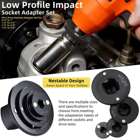 Kick Your Auto Repair Game Up With These Tough Low Profile Impact Socket Adapters From 3/8 To 1/2 Inch Featuring Magnetic Drive And High Temp Quench Steel For Tight Spot Jobs low profile socket adapter set in use