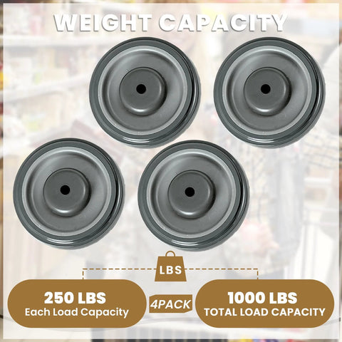 Image of 4 Pack 5 Inch TPU Shopping Cart Wheels Replacement with weight capacity details for utility carts.