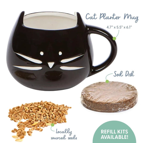 Organic Cat Grass Growing Kit For Indoor Cats With Premium Seed Mix, Soil, And Planter, Hairball Control And Digestion Support, No Fuss Grow Instructions Cruelty Free Gift For Cat Lovers showing black cat-shaped mug, seeds, and soil disk