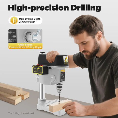 Heavy Duty Mini Drill Press Featuring Portable 110V Bench Build Tough As Nails Cast Iron Chassis Adjustable Dial in use on wood.