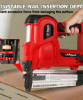 Heavy Duty 20V Cordless Brad Nailer And Stapler Kit Featuring Adjustable Depth Control showing depth adjustment setting for precise nailing.