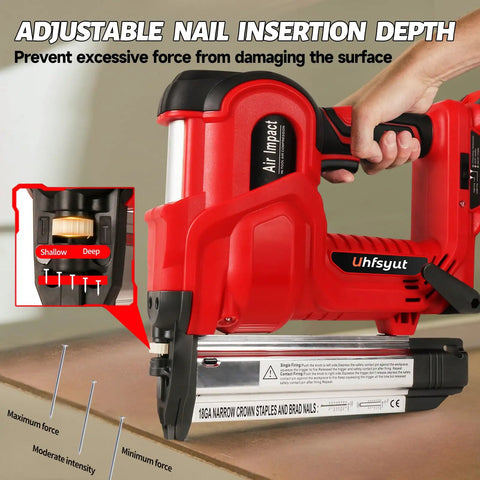 Heavy Duty 20V Cordless Brad Nailer And Stapler Kit Featuring Adjustable Depth Control showing depth adjustment setting for precise nailing.