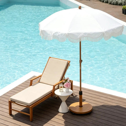 Teak Finish Patio Umbrella Base With Four Wheels, 44 Lb Round Heavy Duty Concrete Stand For Outdoor Market Umbrellas on deck
