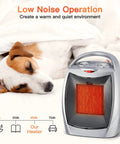 Compact Ceramic Space Heater 1500W 750W with thermostat next to sleeping dog, illustrating low noise operation.