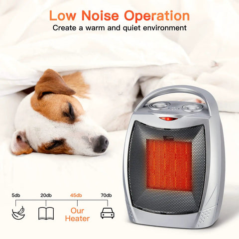 Compact Ceramic Space Heater 1500W 750W with thermostat next to sleeping dog, illustrating low noise operation.
