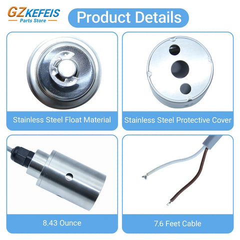 Liquid Level Float Switch With Self-Weighting, No Bracket Install, Vertical Slosh Guard, SS304 Stainless Steel, 7.6 ft Cable