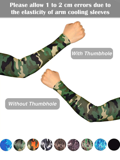 9 Pairs Unisex UV Protection Arm Sleeves Ice Silk Cooling Covers showing camouflage pattern with and without thumbhole