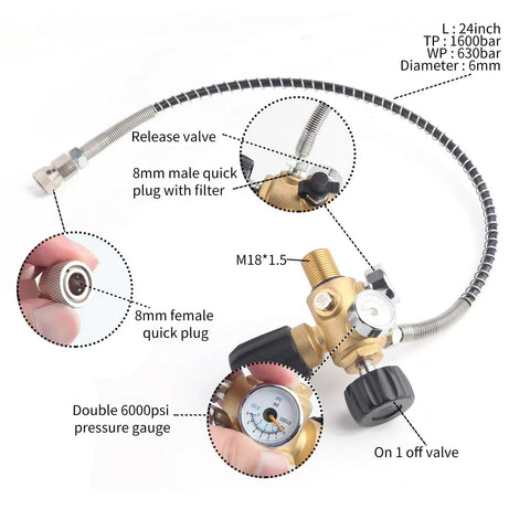 High Pressure M18x1.5 DIN Valve Adapter With Gauge For PCP Air Tanks Paintball And Air Rifles, 4500 Psi, 300 Bar, 24 Inch Hose
