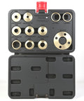 Pro Grade Brass Template Router Guides Kit With Eight Bullseye Bushings And Beefy Lock Nuts stored in a durable case.
