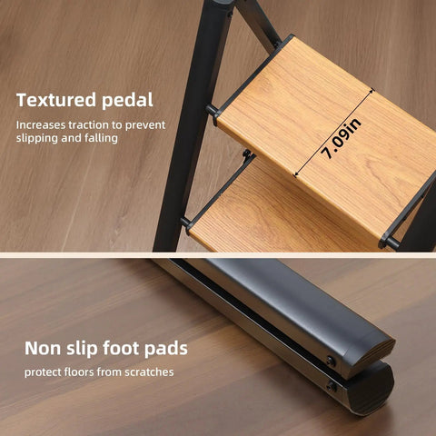 Three Step Ladder With Anti Slip Pedals, Folding Step Stool In Black And Woodgrain, close-up of textured pedal and non-slip foot pad