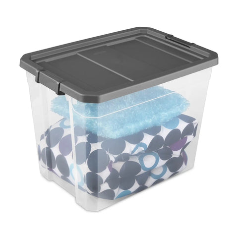 Heck Yeah 2 Pack 108 Quart Stackable Storage Containers With Deep Recessed Latch Lids Clear Plastic Heavy Duty Organizers For The Garage Home And Ultimate Multi Room Setup holding blankets.