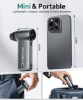 Ultra Power Electric Air Duster with 130000 RPM Brushless Motor shown next to a smartphone for size comparison, fits in pocket and bag.