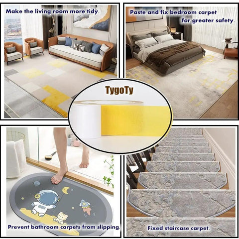 Heavy Duty Double Sided Rug Tape For Area Rugs And Hardwood Floors No Slip Residue Free 2 Inch By 10 Yards Thick Yellow Glue Carpet Tape With Superior Grip And Easy Removal shown used in various rooms for secure rugs.