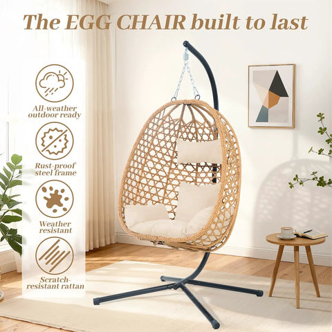 Hanging Egg Chair With Cushions And Stand For Patio Garden Or Balcony Chill Outdoor Swing Chair Cozy Rattan Lounge Seat For Indoor Or Outdoor Use 350 Lbs Capacity Yellow, featuring weather-resistant rattan and rust-proof steel frame in a modern indoor setting.