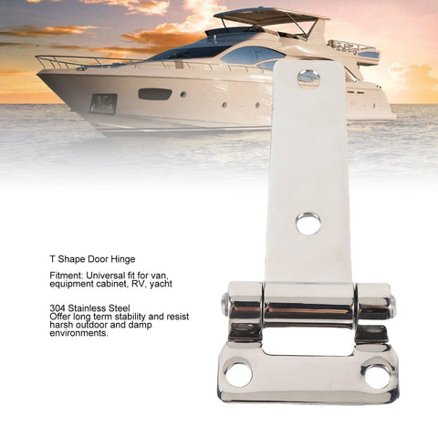 Close-up of T-shaped door hinge, 304 stainless steel, silver finish, for RV van cabinets and yachts.