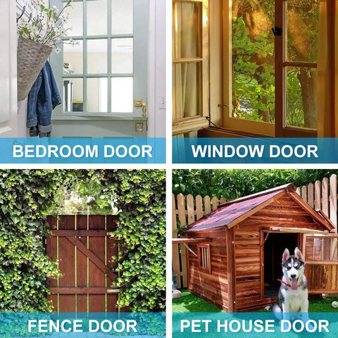 Four types of doors: bedroom door, window door, fence door, pet house door with Husky; ideal for Built To Last Heavy Duty 2 Pack Barrel Bolt Latch Set.