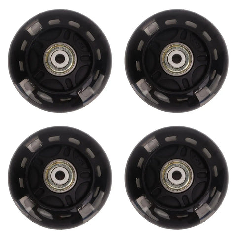 4-pack of black 69mm inline skate wheels with PU rubber and ABEC 9 bearings for outdoor hockey skates and luggage, top view