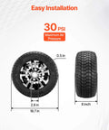 Four 205/50-10 Golf Cart Wheels And Tires Set With 10 Inch Aluminum Alloy Rims, side and front view, black finish