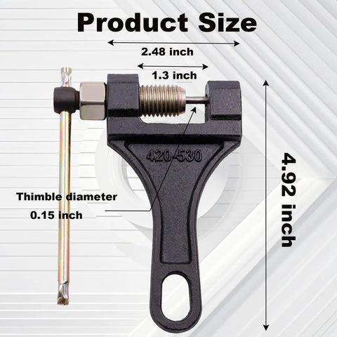 Heavy Duty Chain Breaker Riveting Tool For Chains And Link Pins, dimensions labeled, 4.92 x 2.48 x 1.3 inches, thimble 0.15 inch