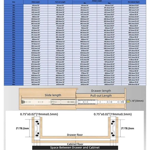 Technical diagram of Pair 500 Lb Heavy Duty Drawer Slides With Lock, 72 Inch Full Extension Ball Bearing Side Mount Industrial Rails.