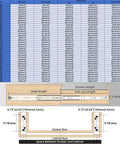 Hella Sturdy Heavy Duty Drawer Slides With Lock Full Extension size chart detailing length and measurements for garage tool cabinets.
