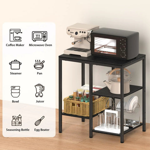 4 Tier Adjustable Kitchen Microwave Stand With Storage And Rustic Metal Bakers Rack In Coal Black with appliances and utensils