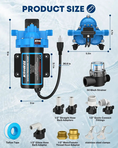 Diagram of On Demand 110V AC Water Pressure Pump, showcasing dimensions, 4 GPM at 50 PSI, with strainer and fittings for various uses.