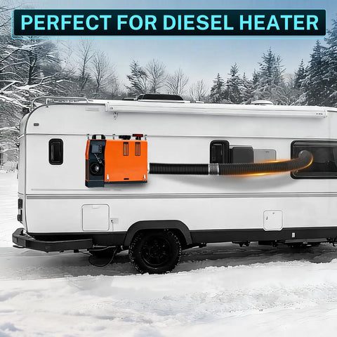 3 Inch Diesel Heater Ducting Hose, 8 Ft Flexible Nylon Exhaust Pipe connected to an RV in snowy setting for safe exhaust use.