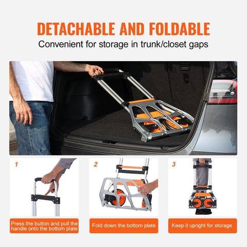 Folding Hand Truck And Dolly For Easy Haul, 275 Lb Capacity Aluminum Cart With Telescoping Handle illustrating its foldable design