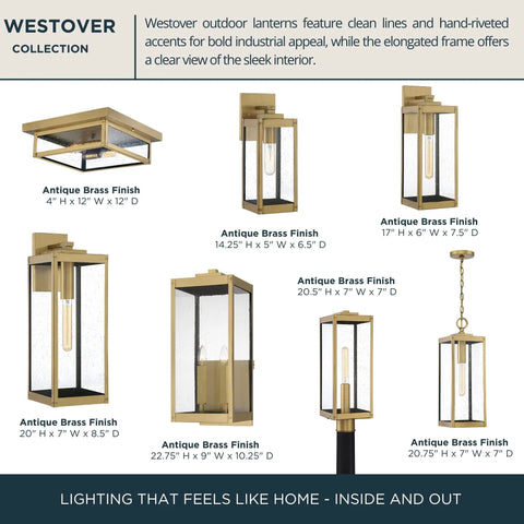 Collection of outdoor flush mounts and lanterns in antique brass finish with clear seeded glass, showing dimensions and design style.