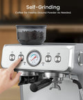 No Sweat Home Espresso Maker With Heavy Duty Grinder And Clog Buster Chamber Includes Quick Steam Milk Frother Wand And Turbo Heat Boiler For Deep Lattes And Frothy Cappuccinos In Urban Silver control panel with grinder setting.