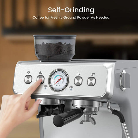 No Sweat Home Espresso Maker With Heavy Duty Grinder And Clog Buster Chamber Includes Quick Steam Milk Frother Wand And Turbo Heat Boiler For Deep Lattes And Frothy Cappuccinos In Urban Silver control panel with grinder setting.