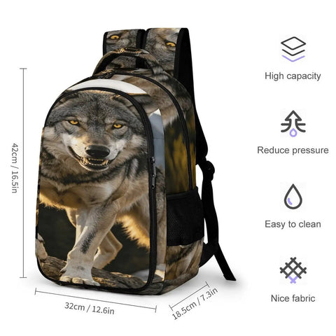 Rock Mountain Grey Wolf Print Unisex Backpack with big capacity and durable polyester for everyday carry and travel.
