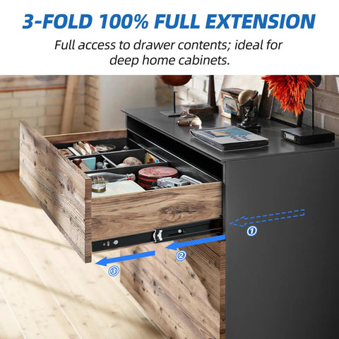 Beefy Full Extension Drawer Slides Set 10 12 14 16 18 20 22 24 Inch Side Mount Rails With Ball Bearing Tracks 100 LB Capacity Dresser Cabinet Brackets Black installed in a wooden cabinet