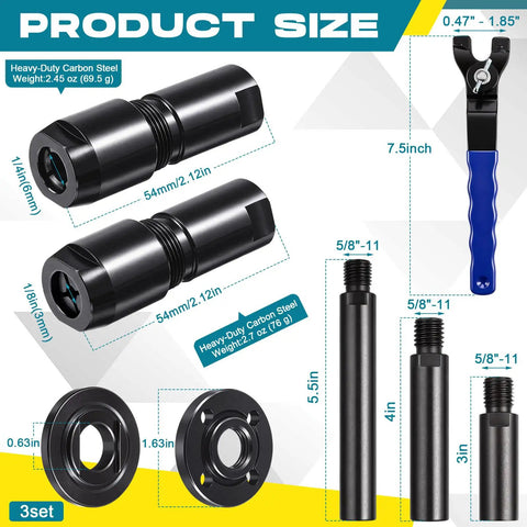 All-in-One Angle Grinder Extension Kit with shafts, 3mm and 6mm collets, 5/8 inch 11 TPI rods and spanner wrench, blue.