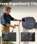 Retractable Garden Hose Reel With Auto Rewind Wall Mount 100 Feet Hose Plus 5 Foot Lead Any Length Lock Hybrid Hose For Easy Watering No Tangles No Fuss Rewind And Smooth Storage mounted on wall with gardener using spray nozzle