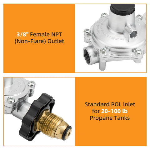 ArrogantF two-stage propane regulator collage showing 3/8 in. female NPT outlet and POL inlet for 20–100 lb tanks.