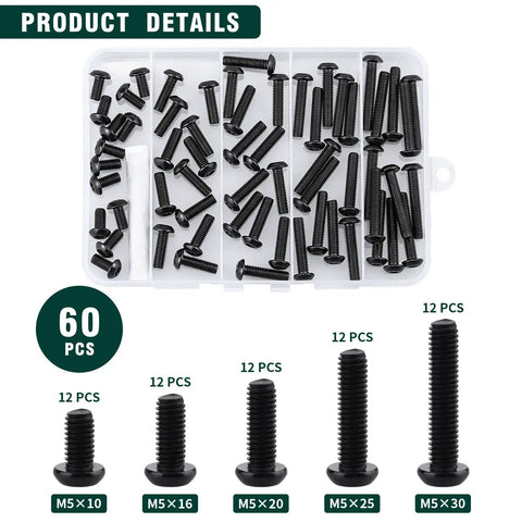Premium M5 Black Torx Security Screws Kit With Matching Bit Made From 304 Stainless Steel Button Heads, 60 pieces, various lengths.